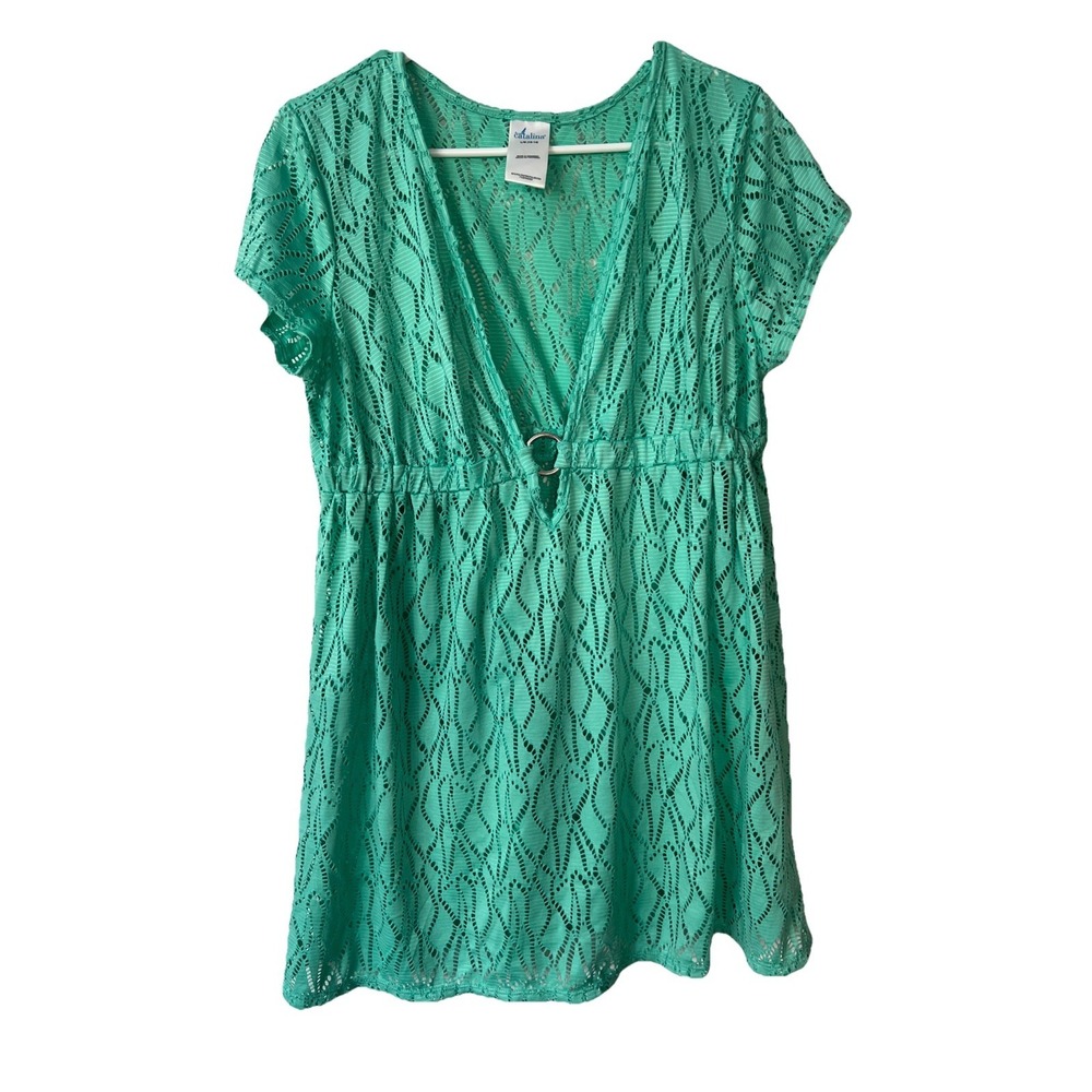Catalina Green Crochet‎ Lace Tunic L Top Sheer Boho Swim Cover Up Stretch V Neck